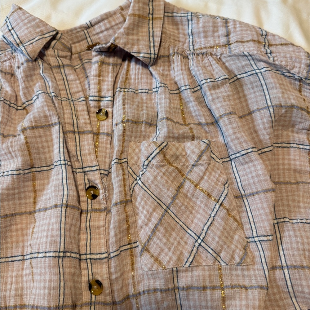 Free People Plaid Button Down Top Gold Metallic Gauze Blouse Size Small